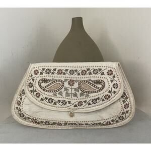 Aarong Hand Embroidered Clutch Purse Indian Bohemian Snap Close Cream Tan Cotton